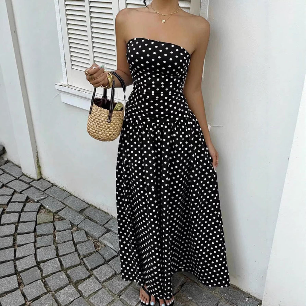 Off-the-shoulder Polka-dot A-line Waist-cinched Figure-flattering Dress Clarke Vibe Store