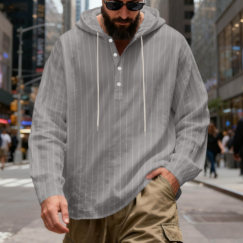 Mens Loose-Fit Plus-Size Casual Linen Striped Hooded Shirt Siqur Salute