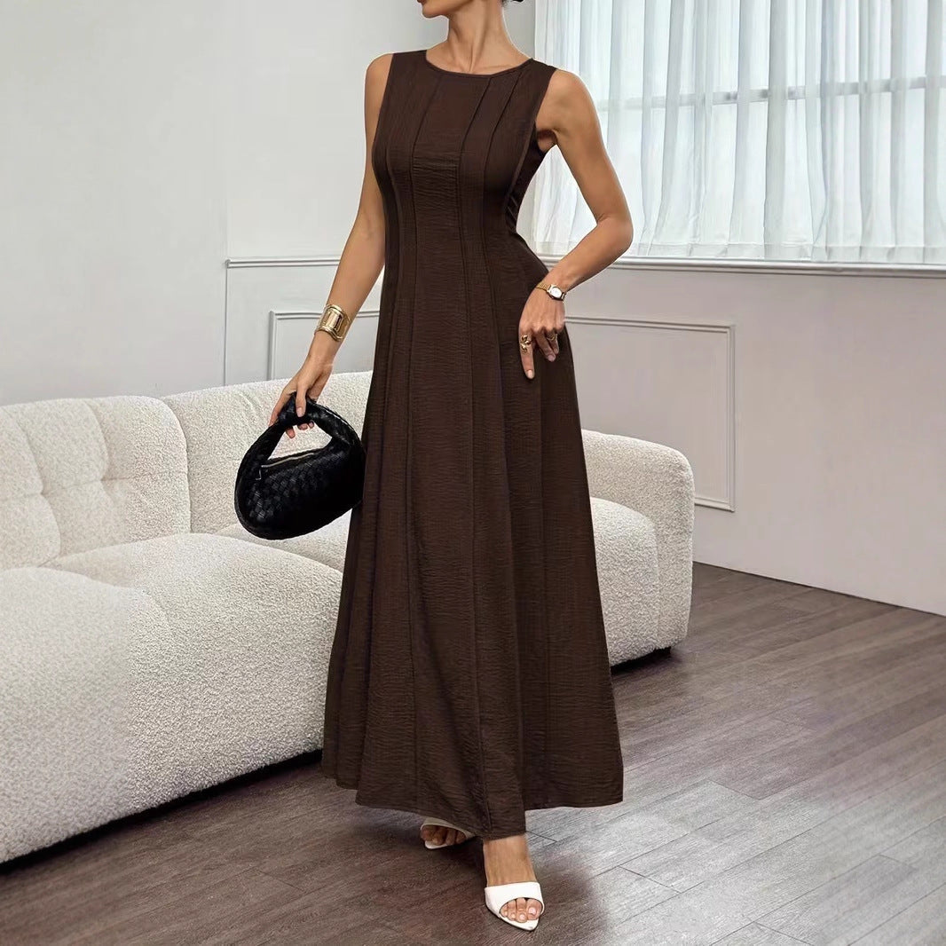 Womens Sleeveless Crew-Neck Pleated Elegant Stylish Maxi Dress Clarke Vibe Store