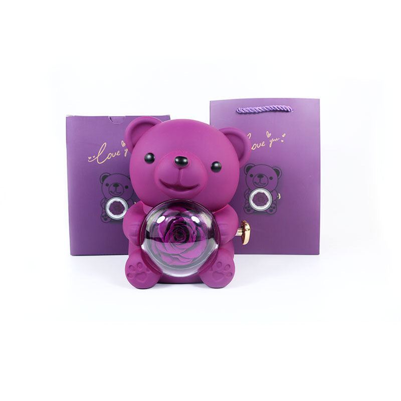 Eternal Rose Teddy Bear Gifts Box With Necklace Rotate Rose Jewelry Box Valentine Wedding Storage Gift Case For Women Girlfriend Clarke Vibe Store