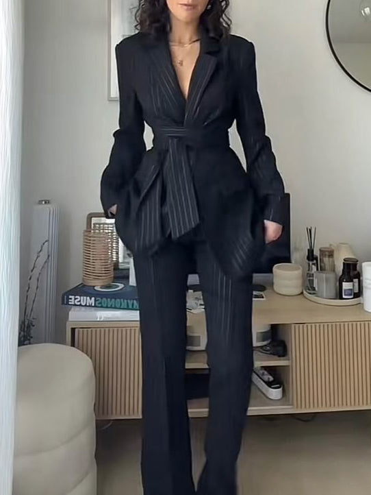 Striped Strappy Blazer & High-waisted Pants Suit Clarke Vibe Store