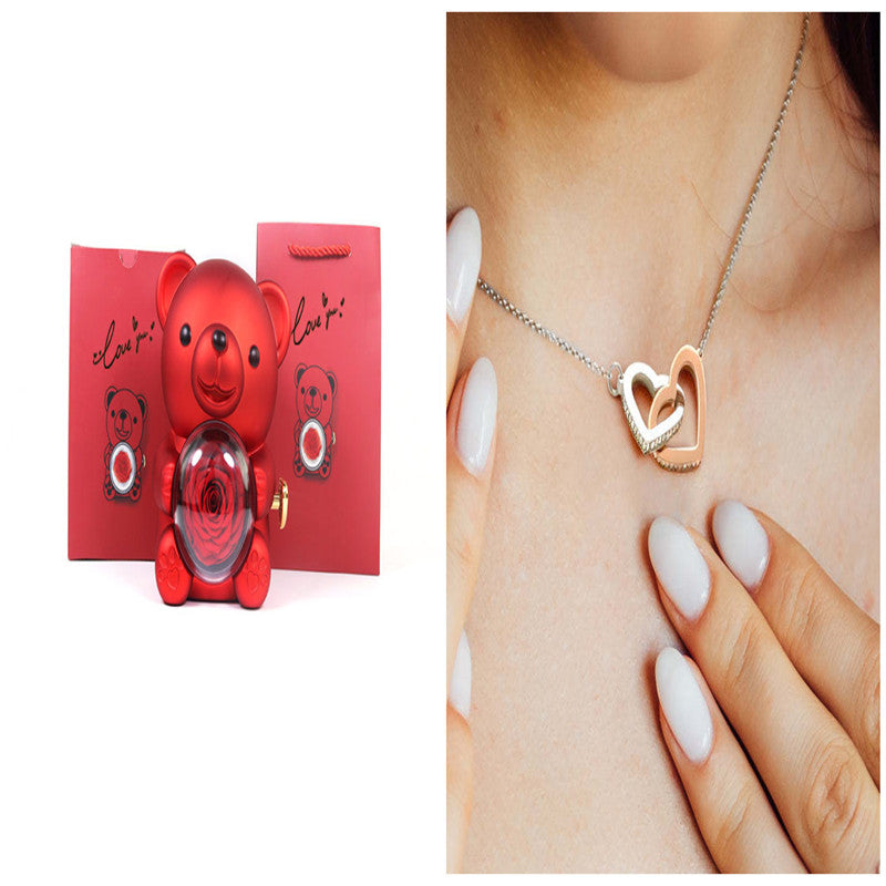 Eternal Rose Teddy Bear Gifts Box With Necklace Rotate Rose Jewelry Box Valentine Wedding Storage Gift Case For Women Girlfriend Clarke Vibe Store
