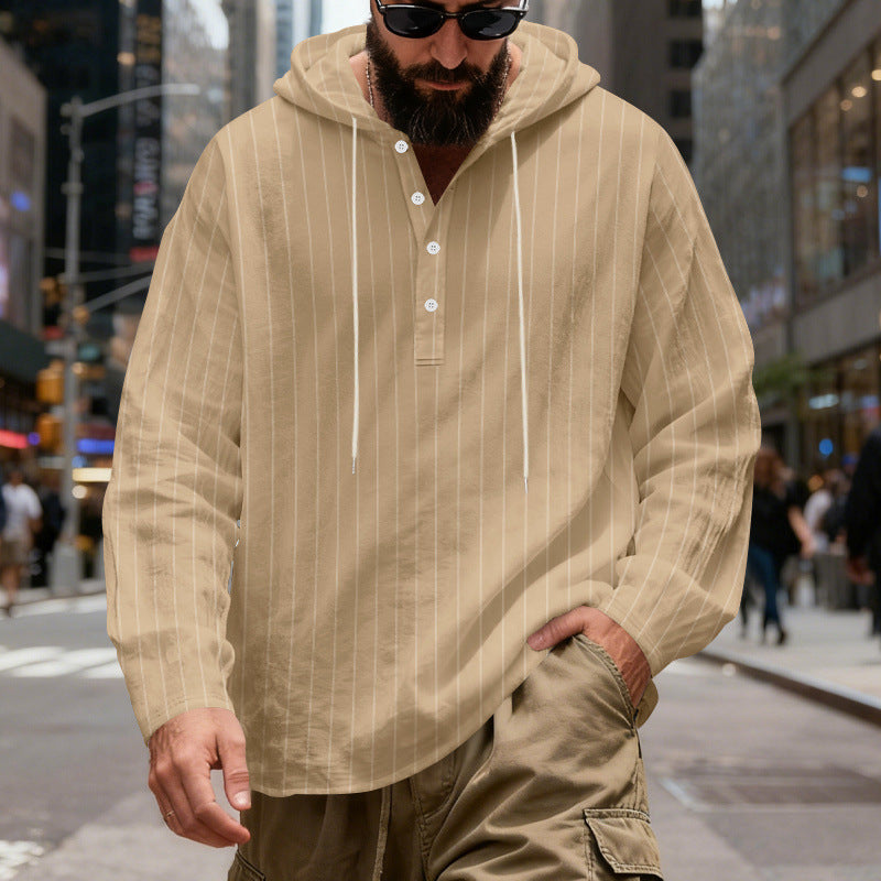 Mens Loose-Fit Plus-Size Casual Linen Striped Hooded Shirt Siqur Salute