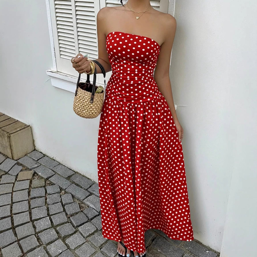 Off-the-shoulder Polka-dot A-line Waist-cinched Figure-flattering Dress Clarke Vibe Store