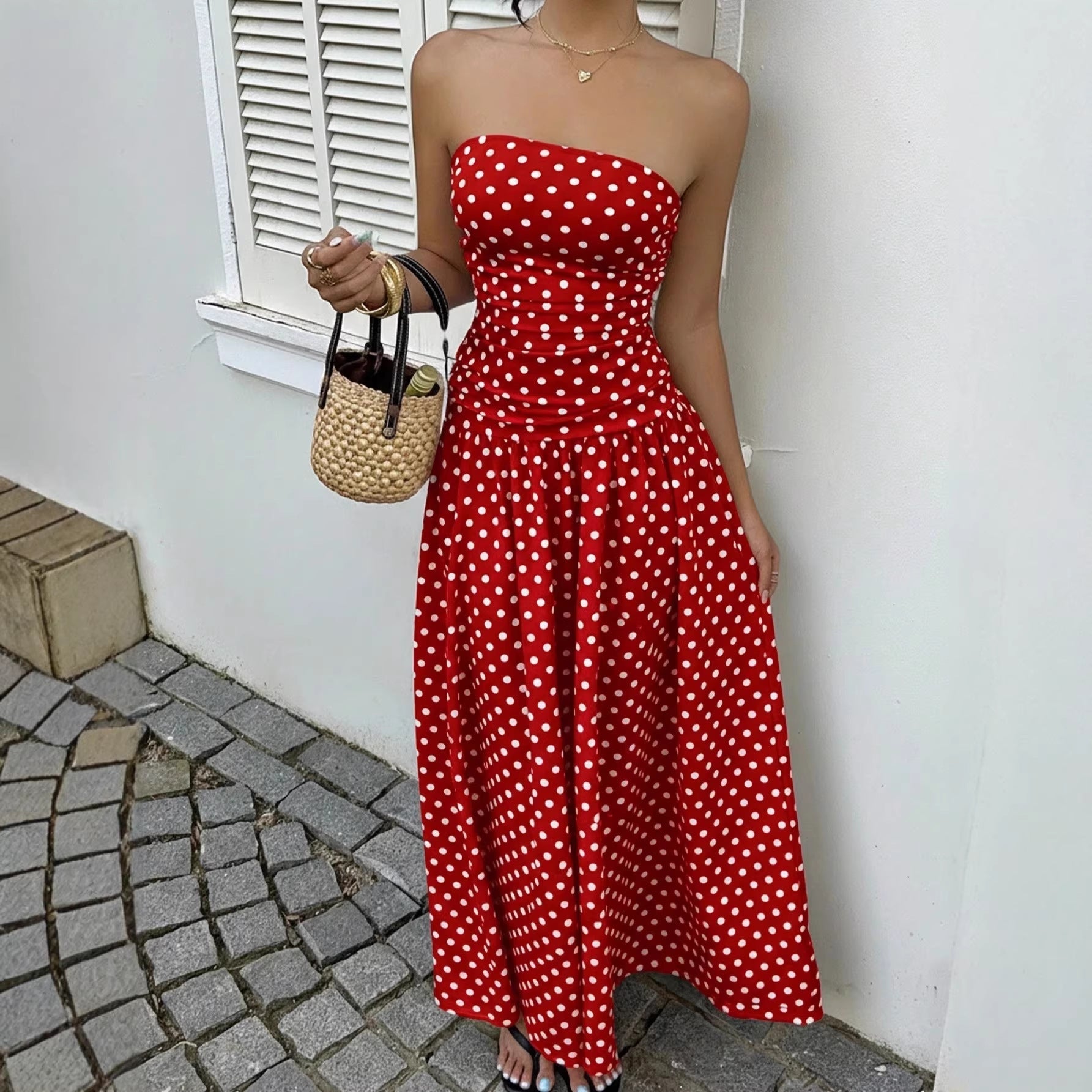 Off-the-shoulder Polka-dot A-line Waist-cinched Figure-flattering Dress Clarke Vibe Store