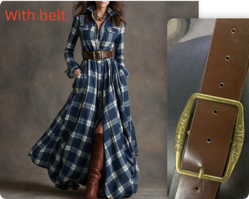 Ins Plaid Print Long-Sleeved Dress Fashion Pockets Collared Buttons Shirt Long Dresses Retro Women's Clothing Siqur Salute
