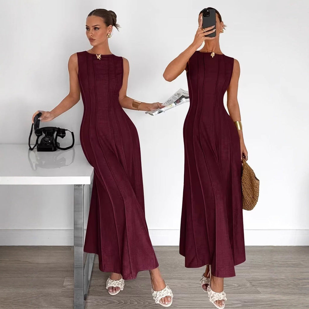 Womens Sleeveless Crew-Neck Pleated Elegant Stylish Maxi Dress Clarke Vibe Store