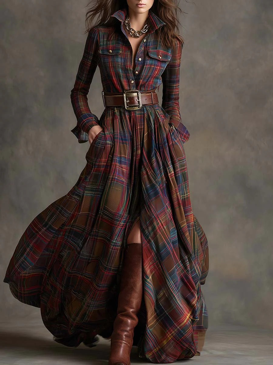 Ins Plaid Print Long-Sleeved Dress Fashion Pockets Collared Buttons Shirt Long Dresses Retro Women's Clothing Siqur Salute