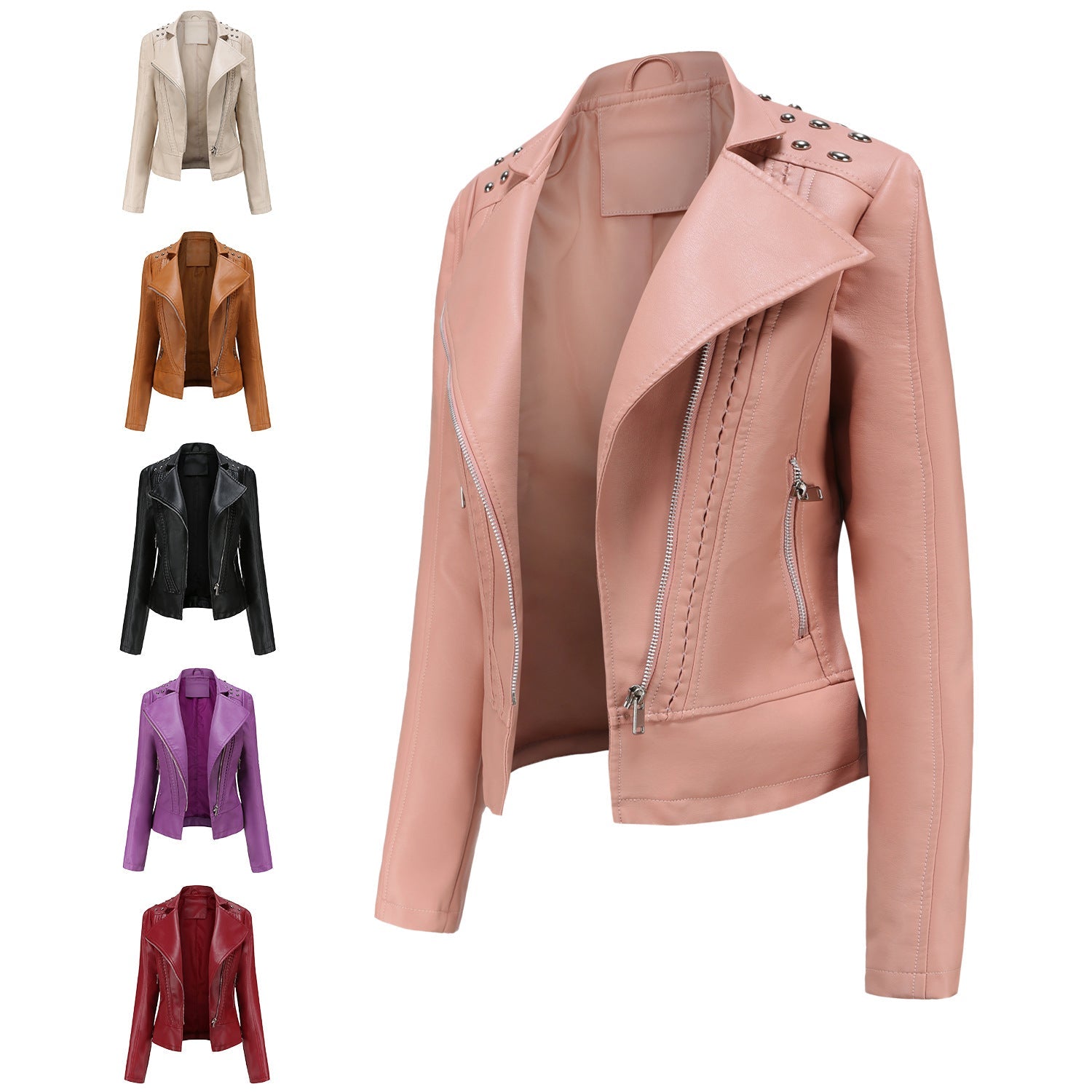 Beaded Leather Women's Long-sleeved Fashion Jacket Lapel Motorcycle Clothing Thin Women's Jacket Clarke Vibe Store