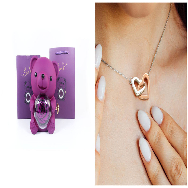 Eternal Rose Teddy Bear Gifts Box With Necklace Rotate Rose Jewelry Box Valentine Wedding Storage Gift Case For Women Girlfriend Clarke Vibe Store