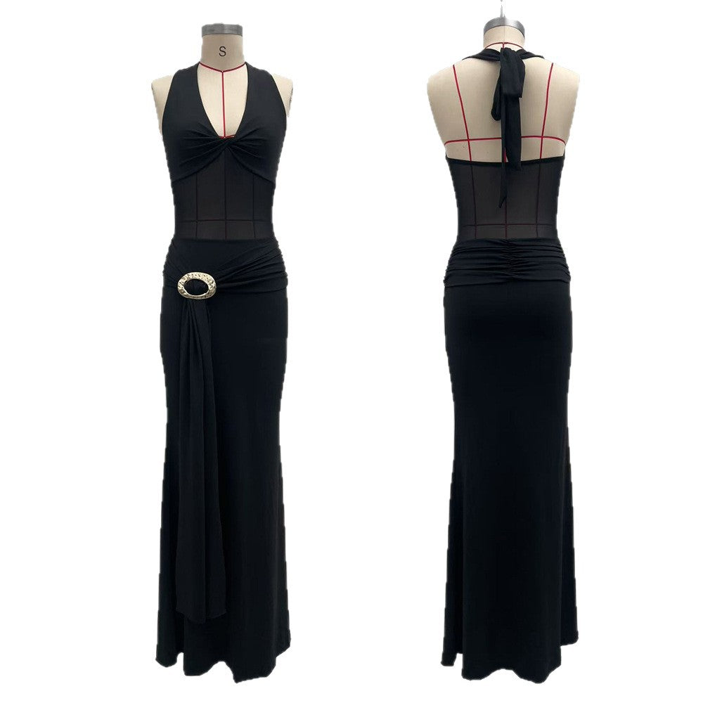 Womens Sexy Mesh-Panel Backless Bodycon Dress - Clarke's Vibe Store
