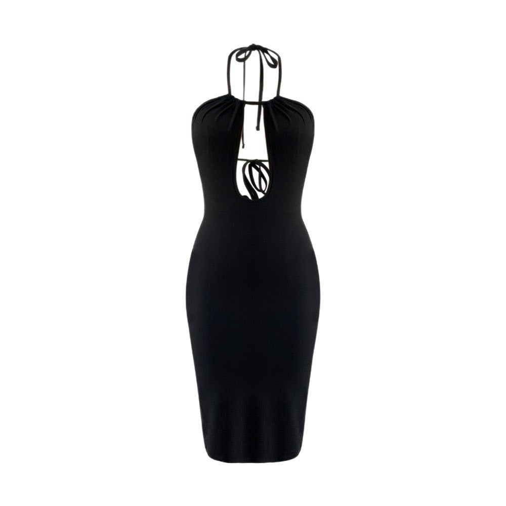 Womens Solid-Color Backless Hollow-Out Halter Dress Clarke Vibe Store