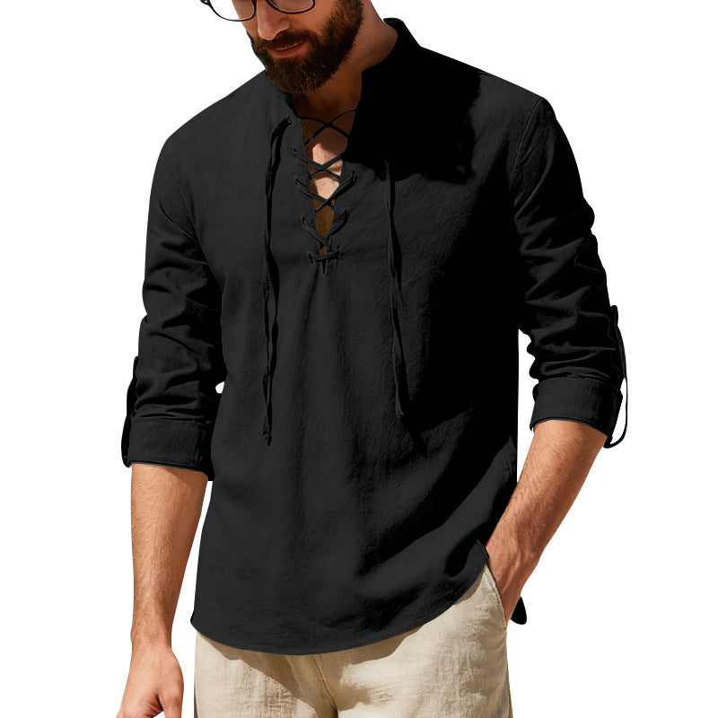 Mens Casual Long-sleeve Linen Henley Shirt Clarke Vibe Store