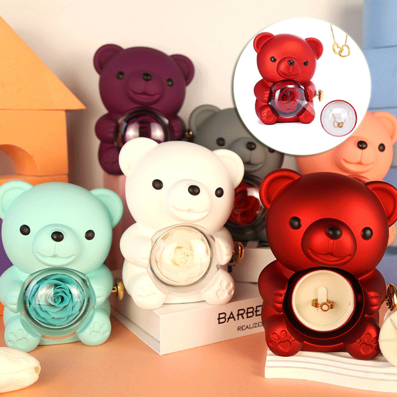 Eternal Rose Teddy Bear Gifts Box With Necklace Rotate Rose Jewelry Box Valentine Wedding Storage Gift Case For Women Girlfriend Clarke Vibe Store