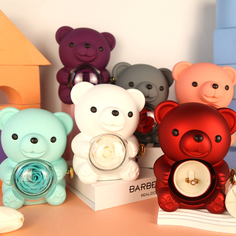 Eternal Rose Teddy Bear Gifts Box With Necklace Rotate Rose Jewelry Box Valentine Wedding Storage Gift Case For Women Girlfriend Clarke Vibe Store