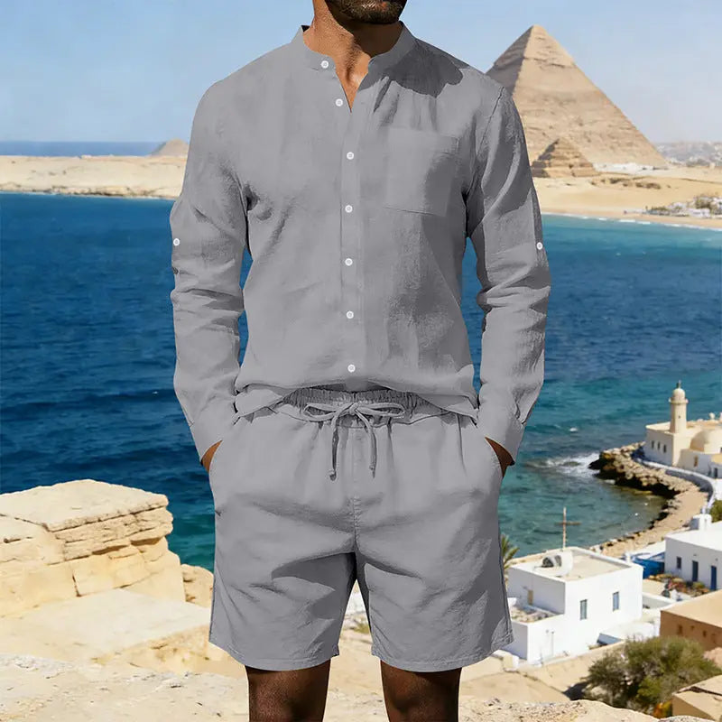 Mens Casual Linen Shirt And Shorts Set Siqur Salute