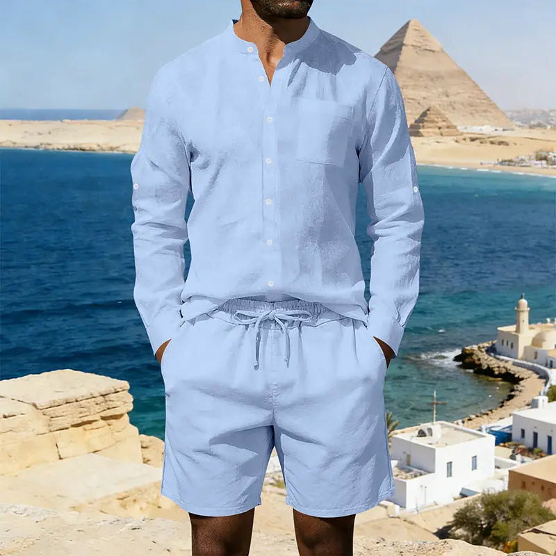Mens Casual Linen Shirt And Shorts Set Siqur Salute