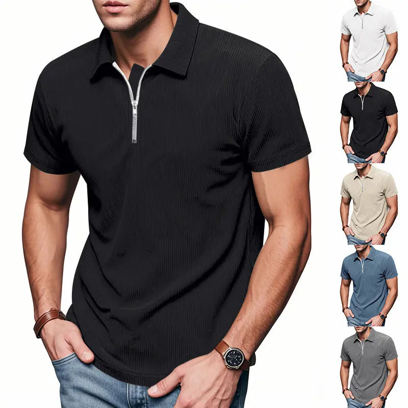 Mens Loose Corduroy Half-Zip Polo Short-Sleeve T-Shirt Siqur Salute