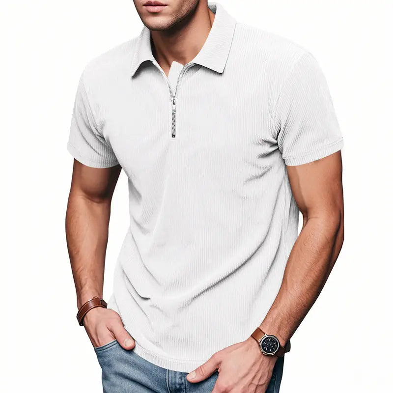 Mens Loose Corduroy Half-Zip Polo Short-Sleeve T-Shirt Siqur Salute