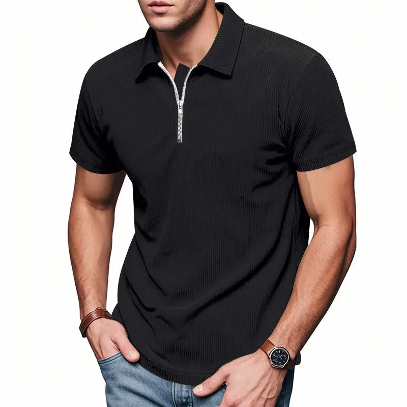 Mens Loose Corduroy Half-Zip Polo Short-Sleeve T-Shirt Siqur Salute