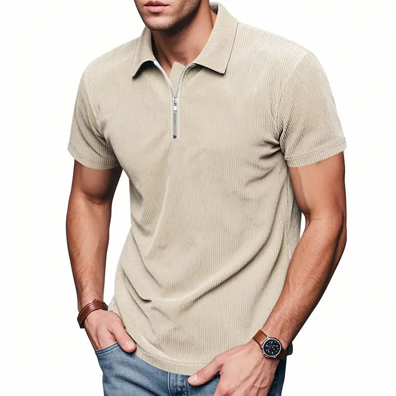 Mens Loose Corduroy Half-Zip Polo Short-Sleeve T-Shirt Siqur Salute