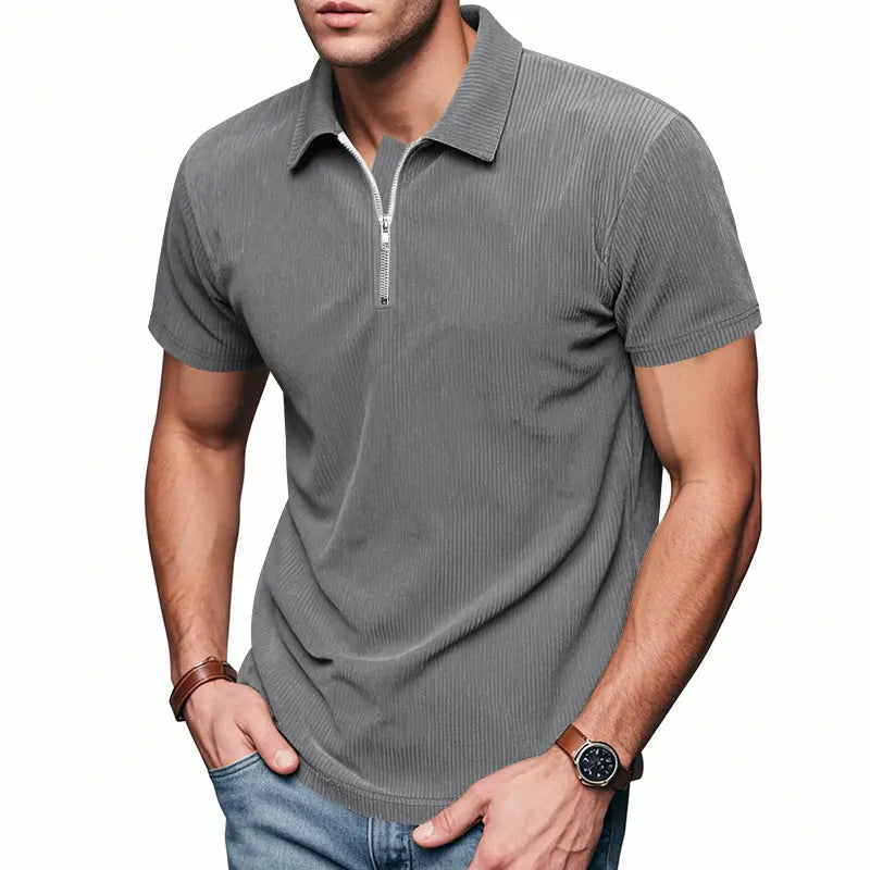 Mens Loose Corduroy Half-Zip Polo Short-Sleeve T-Shirt Siqur Salute