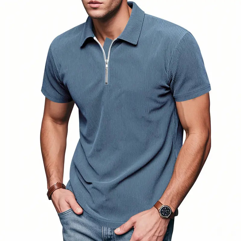 Mens Loose Corduroy Half-Zip Polo Short-Sleeve T-Shirt Siqur Salute