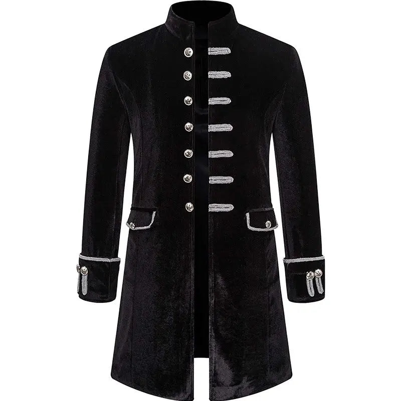 Mens Solid-Color Steampunk Velvet Uniform Stand-Up Collar Coat Siqur Salute