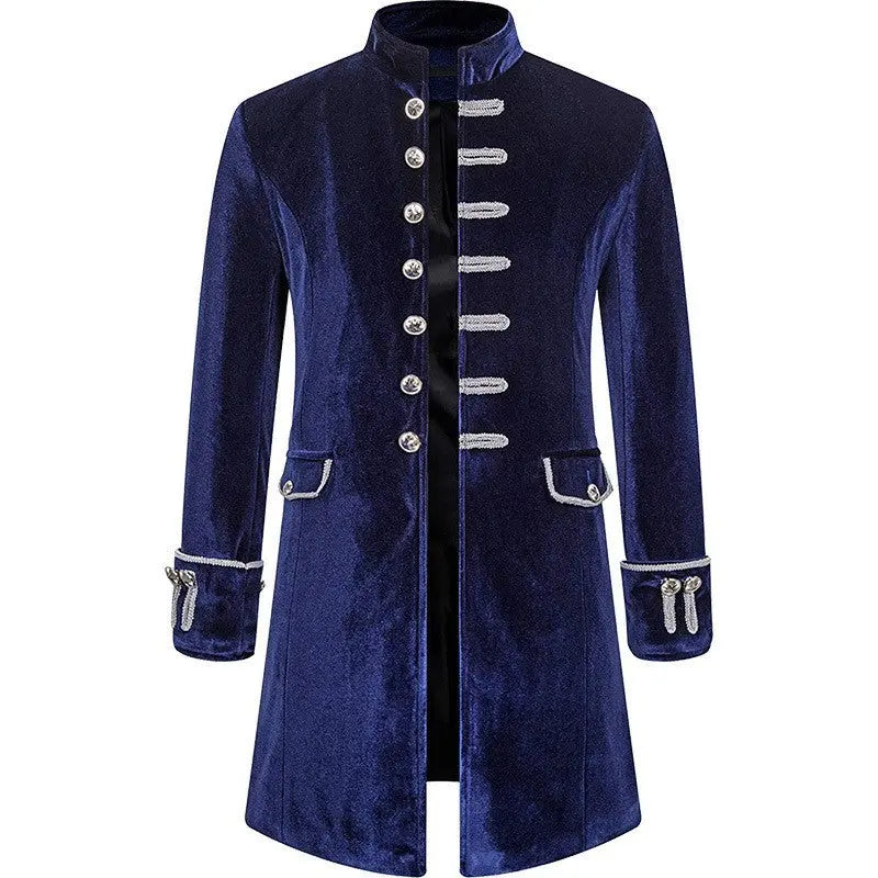 Mens Solid-Color Steampunk Velvet Uniform Stand-Up Collar Coat Siqur Salute