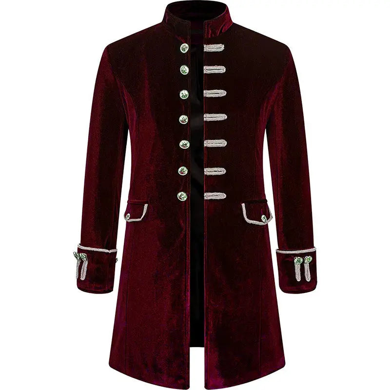 Mens Solid-Color Steampunk Velvet Uniform Stand-Up Collar Coat Siqur Salute