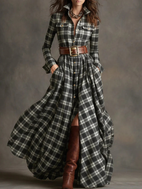 Ins Plaid Print Long-Sleeved Dress Fashion Pockets Collared Buttons Shirt Long Dresses Retro Women's Clothing Siqur Salute