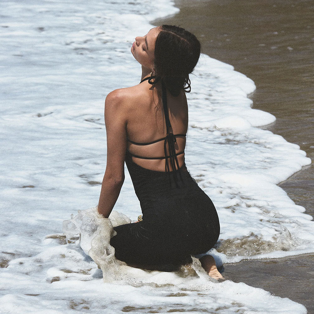 Womens Solid-Color Backless Hollow-Out Halter Dress Clarke Vibe Store