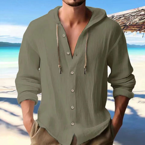 Cotton And Linen Shirt Hooded Sweater Button Long Sleeve Clarke Vibe Store