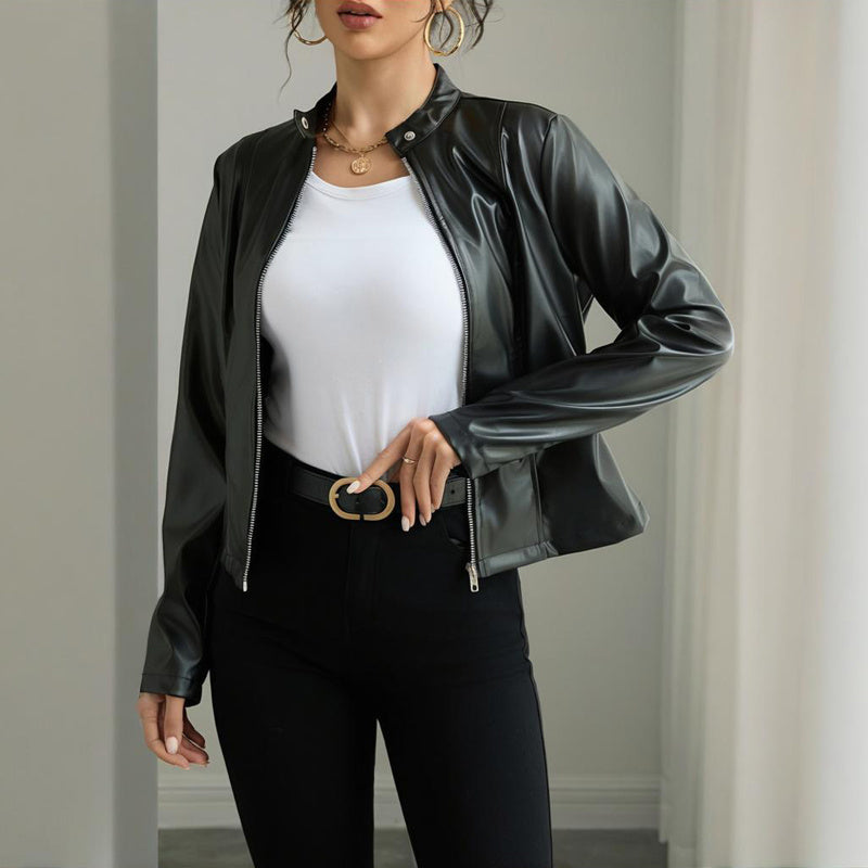 Women's Solid Color Long Sleeve Stand Collar Faux Leather Blazer - Single Button Zippered Jacket For Fall&Winter Clarke Vibe Store