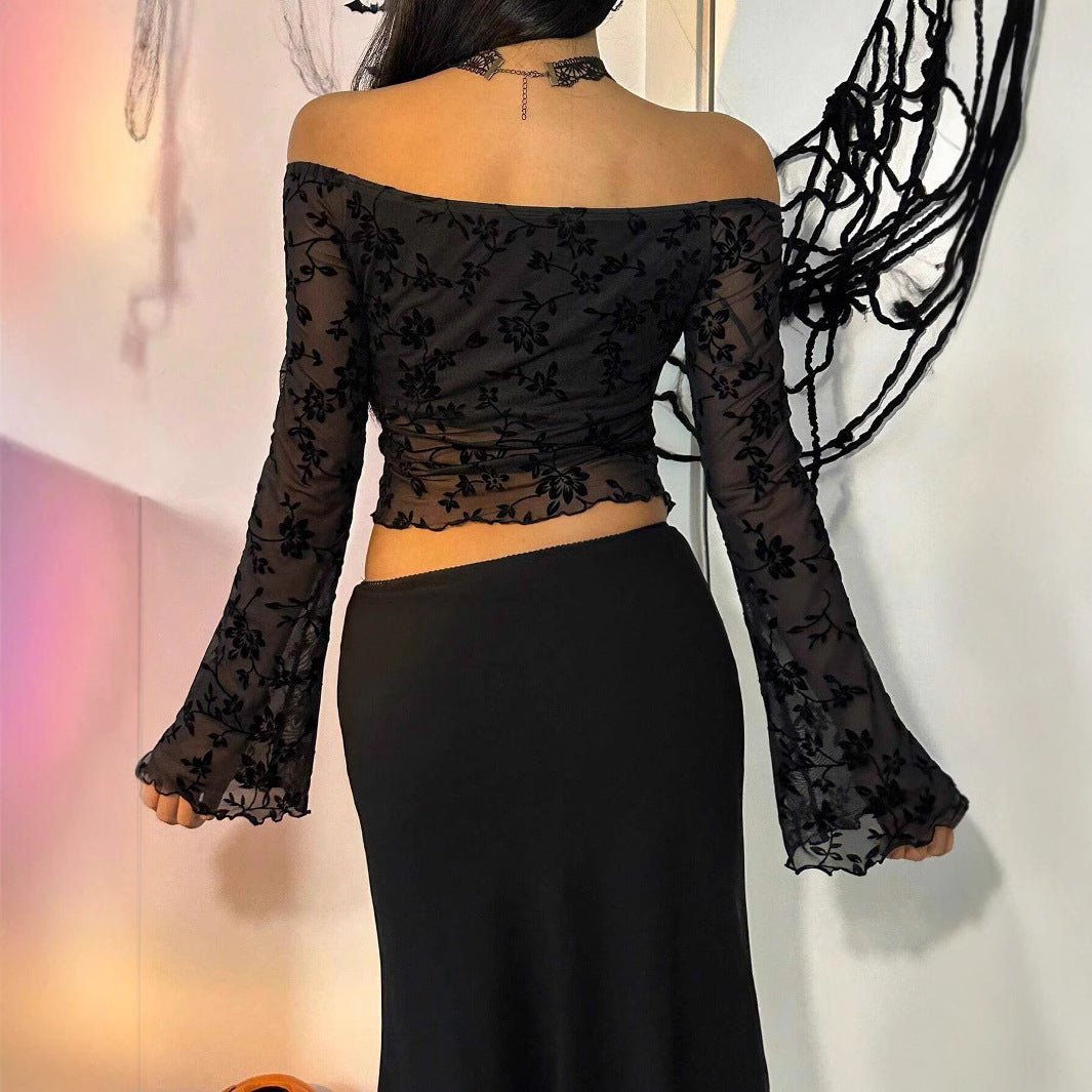 Womens Solid-Color Elegant Floral Mesh Off-the-Shoulder Flare-Sleeve Top Clarke Vibe Store