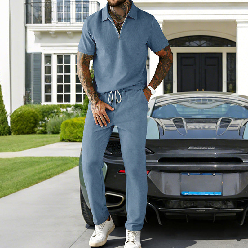 Mens Casual Corduroy Short-Sleeve Polo And Pants Set Siqur Salute