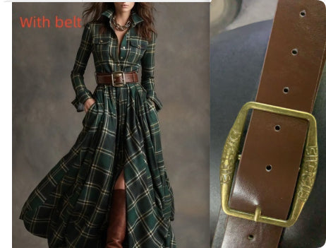 Ins Plaid Print Long-Sleeved Dress Fashion Pockets Collared Buttons Shirt Long Dresses Retro Women's Clothing Siqur Salute