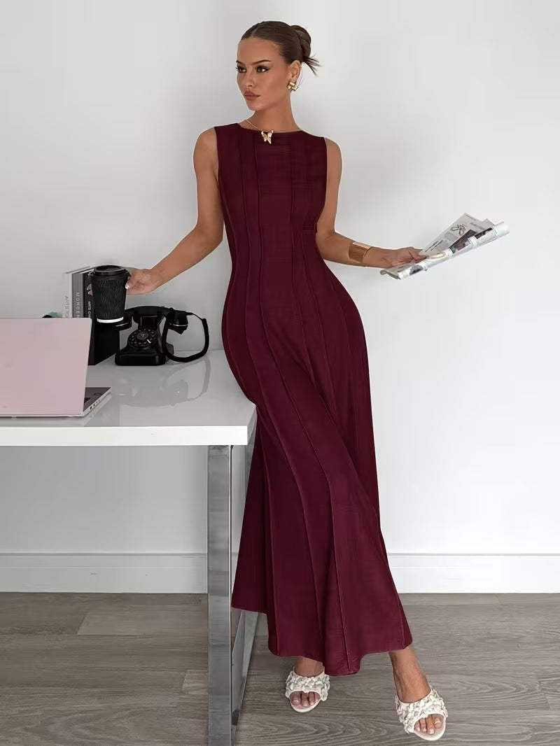 Womens Sleeveless Crew-Neck Pleated Elegant Stylish Maxi Dress Clarke Vibe Store