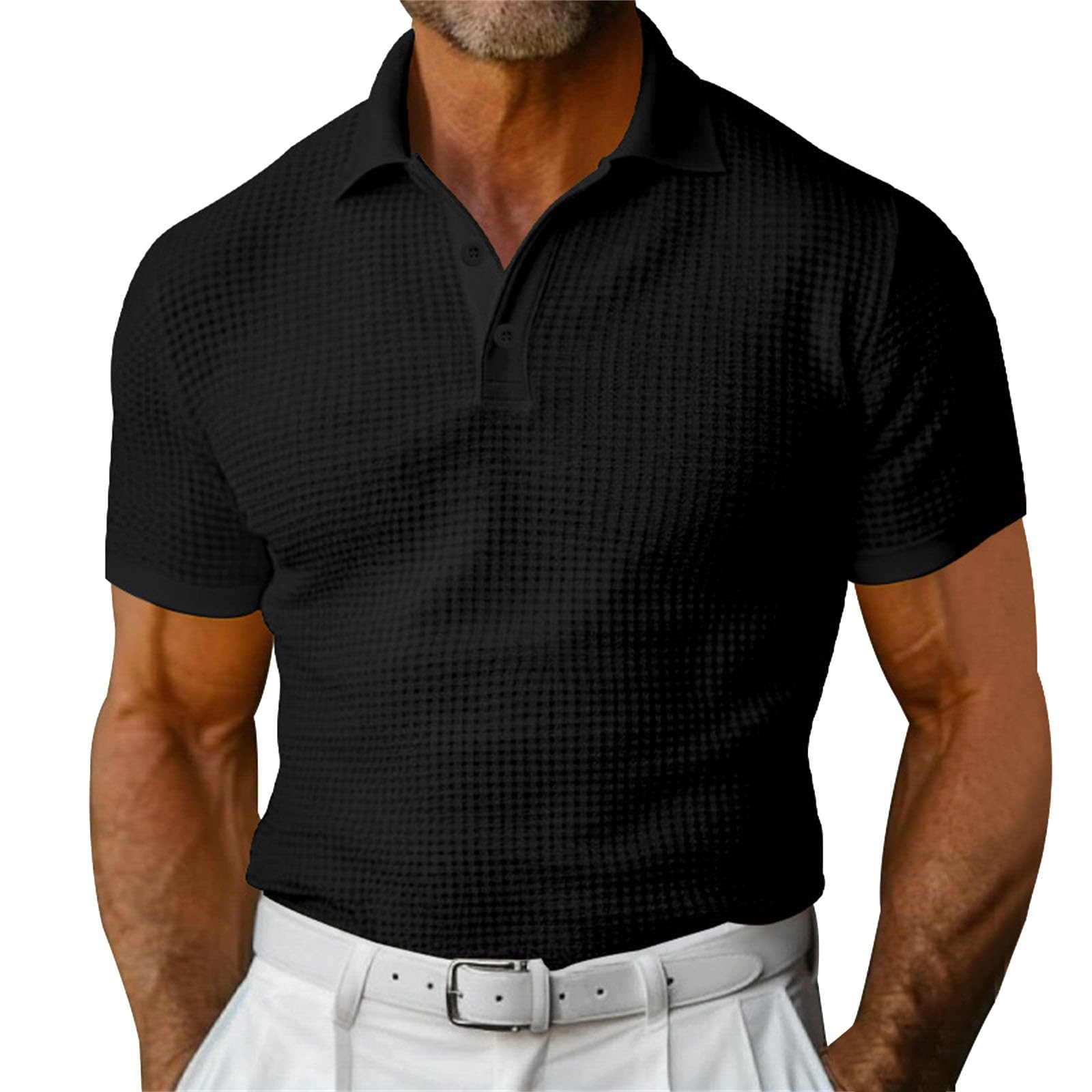 Waffle Short Sleeve Polo Shirt Men's Fashion Summer Lapel Tops Siqur Salute