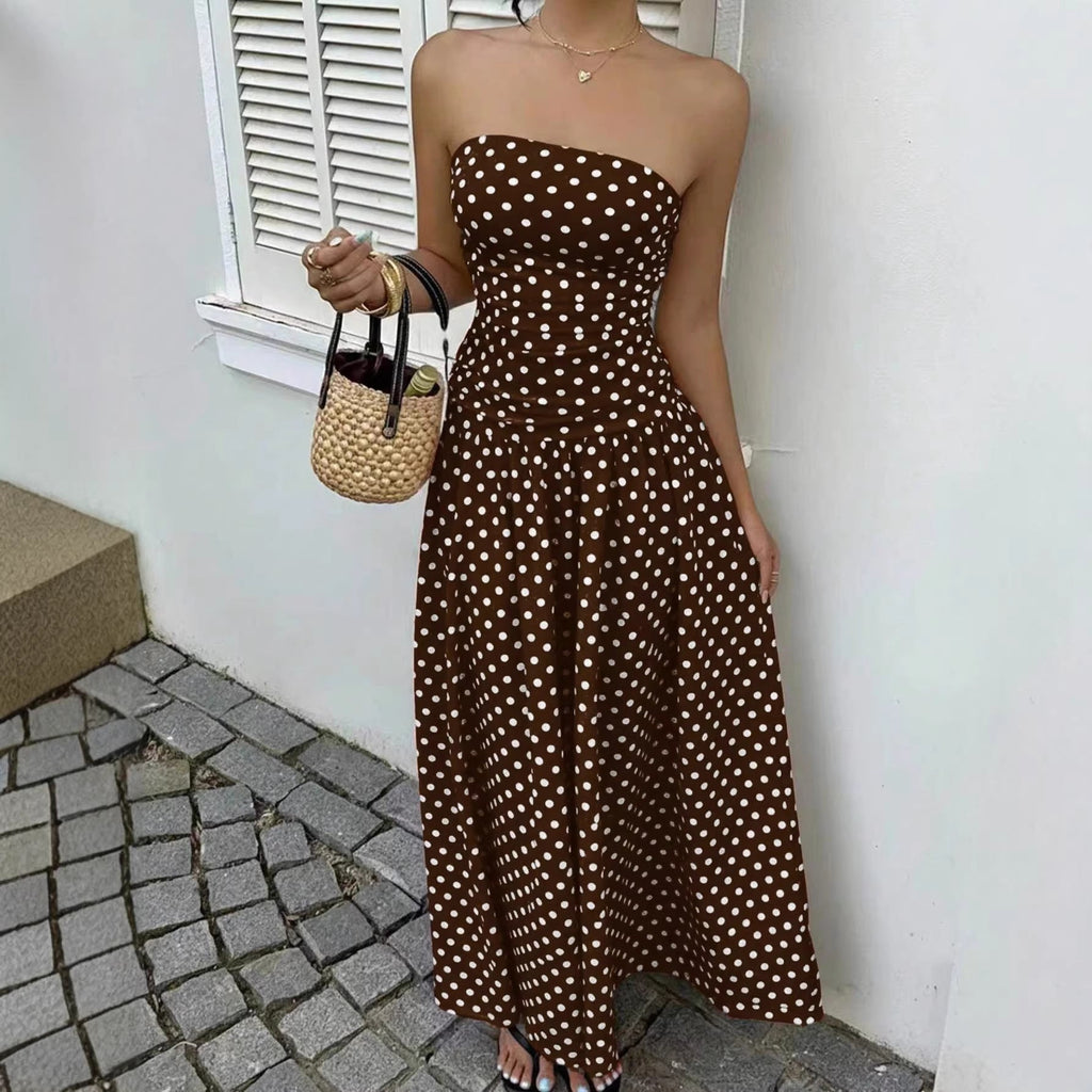Off-the-shoulder Polka-dot A-line Waist-cinched Figure-flattering Dress Clarke Vibe Store