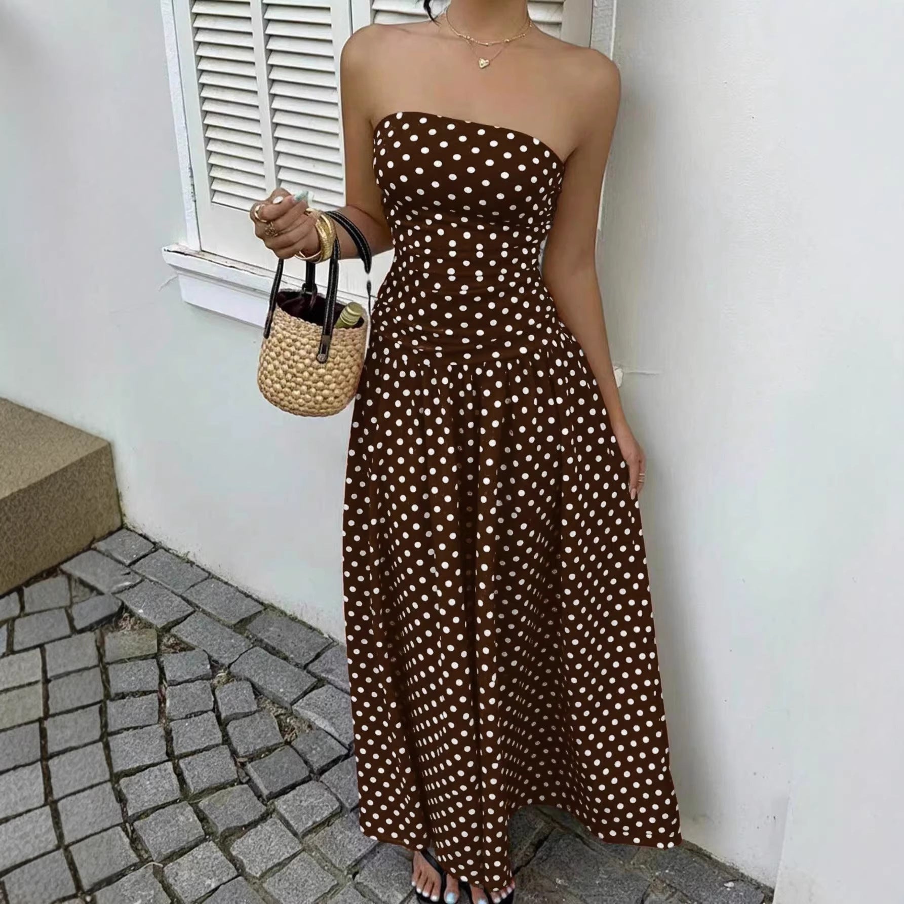 Off-the-shoulder Polka-dot A-line Waist-cinched Figure-flattering Dress Clarke Vibe Store