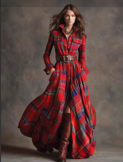 Ins Plaid Print Long-Sleeved Dress Fashion Pockets Collared Buttons Shirt Long Dresses Retro Women's Clothing Siqur Salute