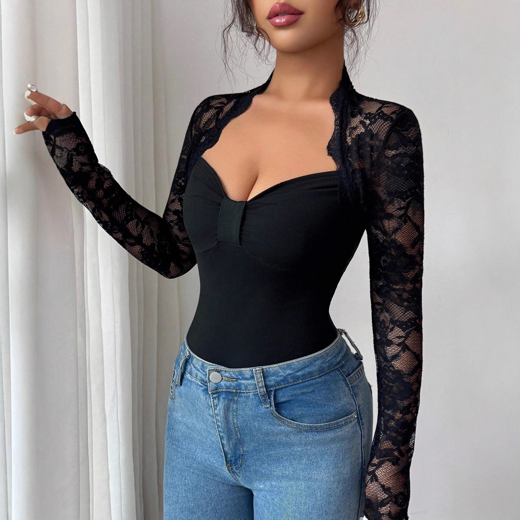 Womens Solid-Color Lace-Panel Knitted Long-Sleeve Slim-Fit T-Shirt Clarke Vibe Store