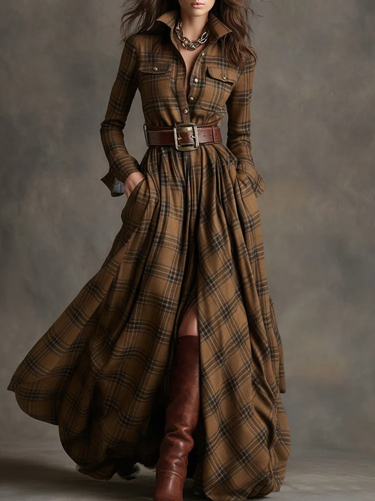 Ins Plaid Print Long-Sleeved Dress Fashion Pockets Collared Buttons Shirt Long Dresses Retro Women's Clothing Siqur Salute