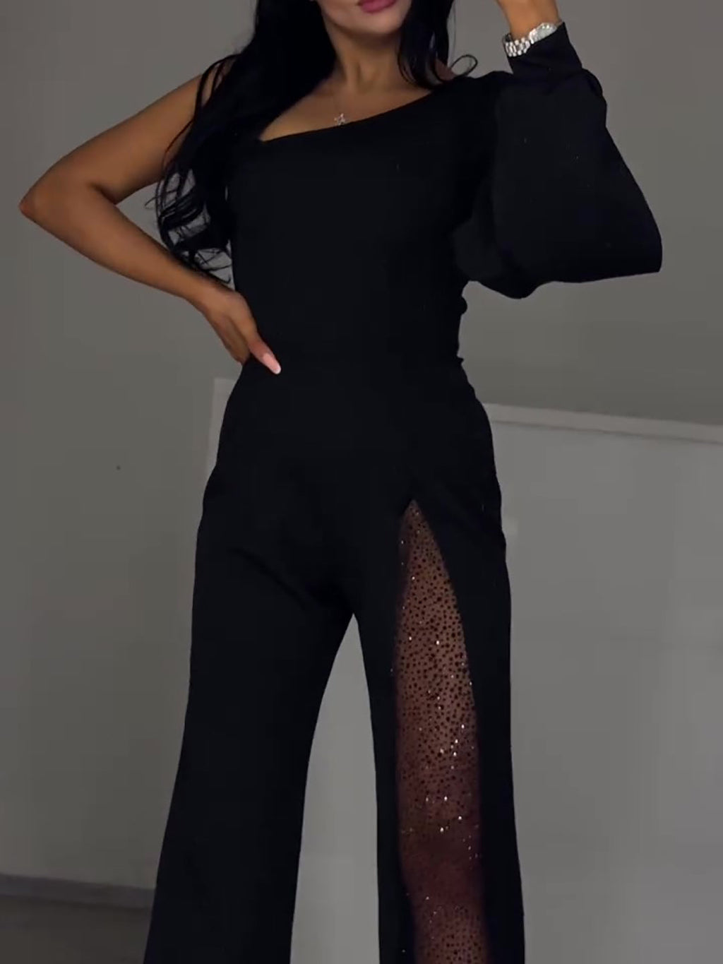 Single Sleeve Patchwork Mesh Jumpsuit Clarke Vibe Store