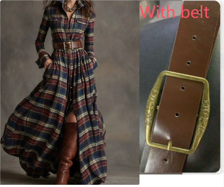 Ins Plaid Print Long-Sleeved Dress Fashion Pockets Collared Buttons Shirt Long Dresses Retro Women's Clothing Siqur Salute