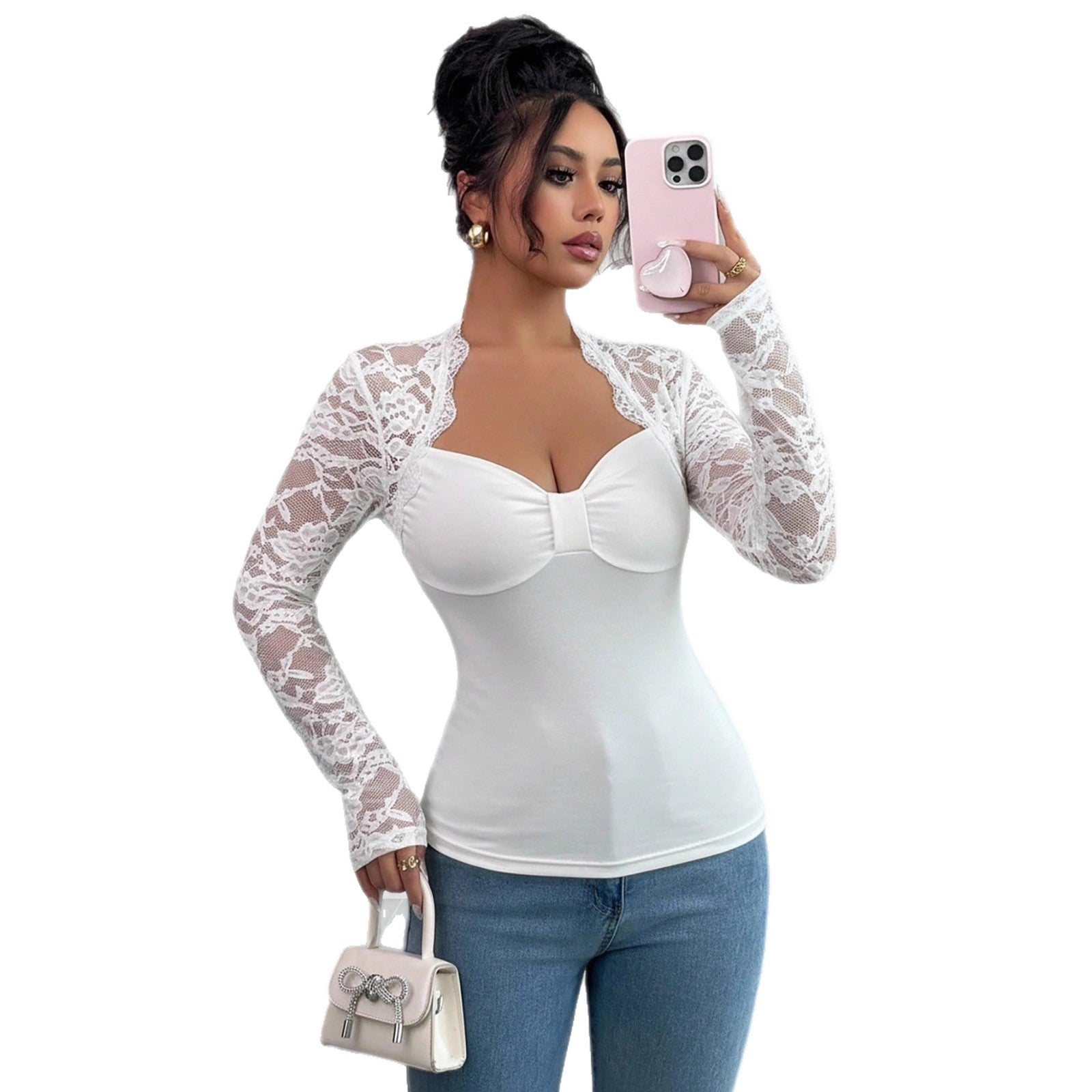 Womens Solid-Color Lace-Panel Knitted Long-Sleeve Slim-Fit T-Shirt Clarke Vibe Store