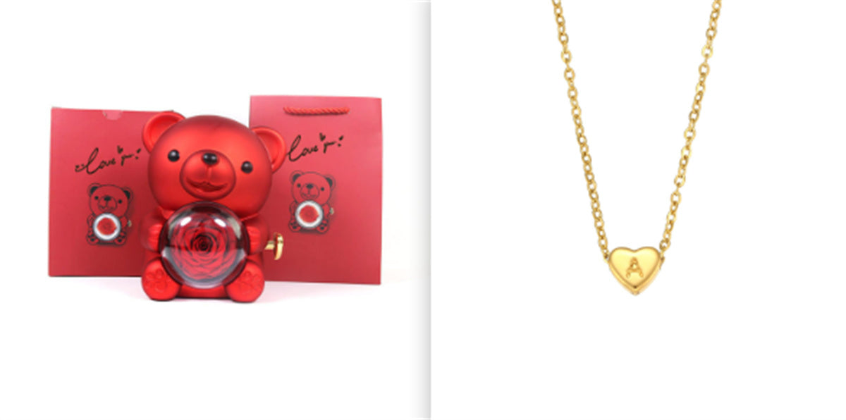 Eternal Rose Teddy Bear Gifts Box With Necklace Rotate Rose Jewelry Box Valentine Wedding Storage Gift Case For Women Girlfriend Clarke Vibe Store