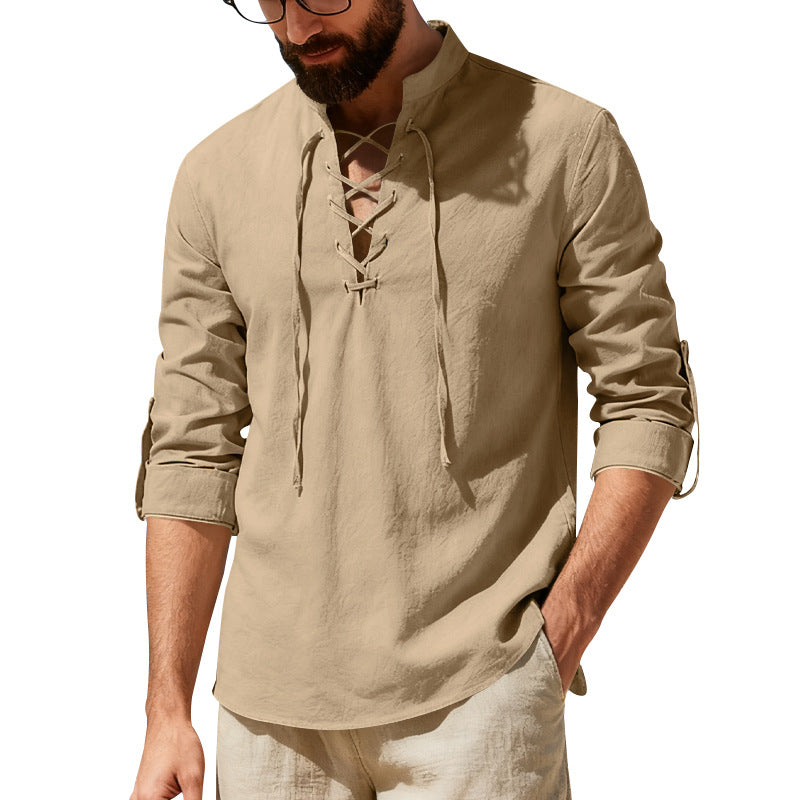 Mens Casual Long-sleeve Linen Henley Shirt Clarke Vibe Store