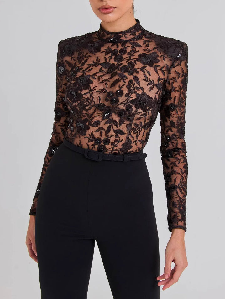 Black See-through Lace Long-sleeved Trousers Jumpsuit Clarke Vibe Store